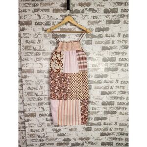 Boho Tiered Floral Patchwork Midi Dress Medium Pink Sleeveless Cottagecore Beach